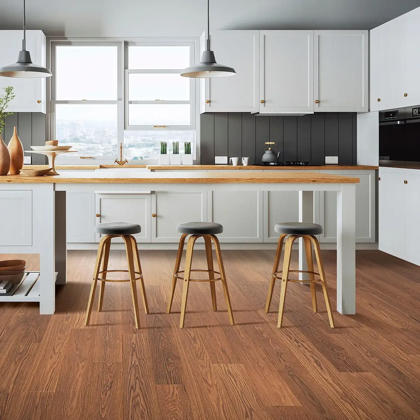 33612_03_room Mohawk Laminate in a rich reddish-brown wood color in a kitchen | The Carpet Factory Super Store