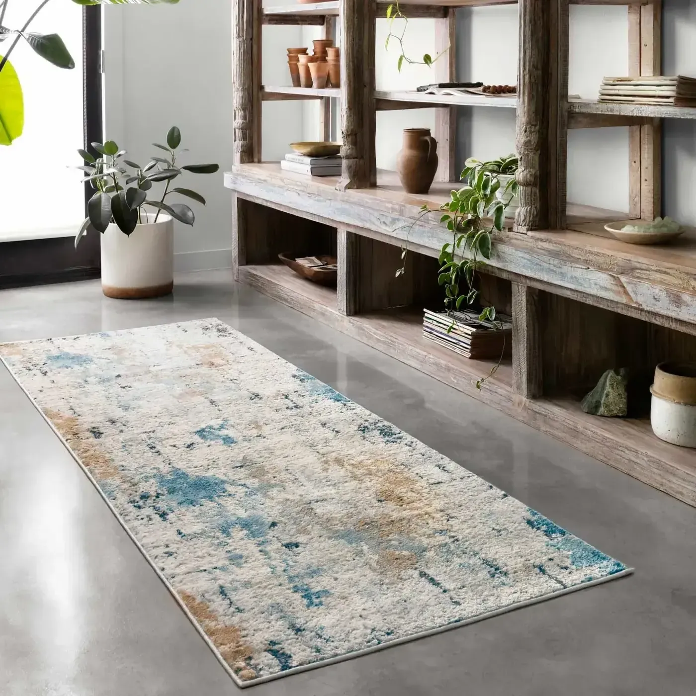 ALCHALC-01SNSL__5Broomscene_5D_3_1400x Loloi area rug in a distressed white, blue, and brown abstract pattern | The Carpet Factory Super Store