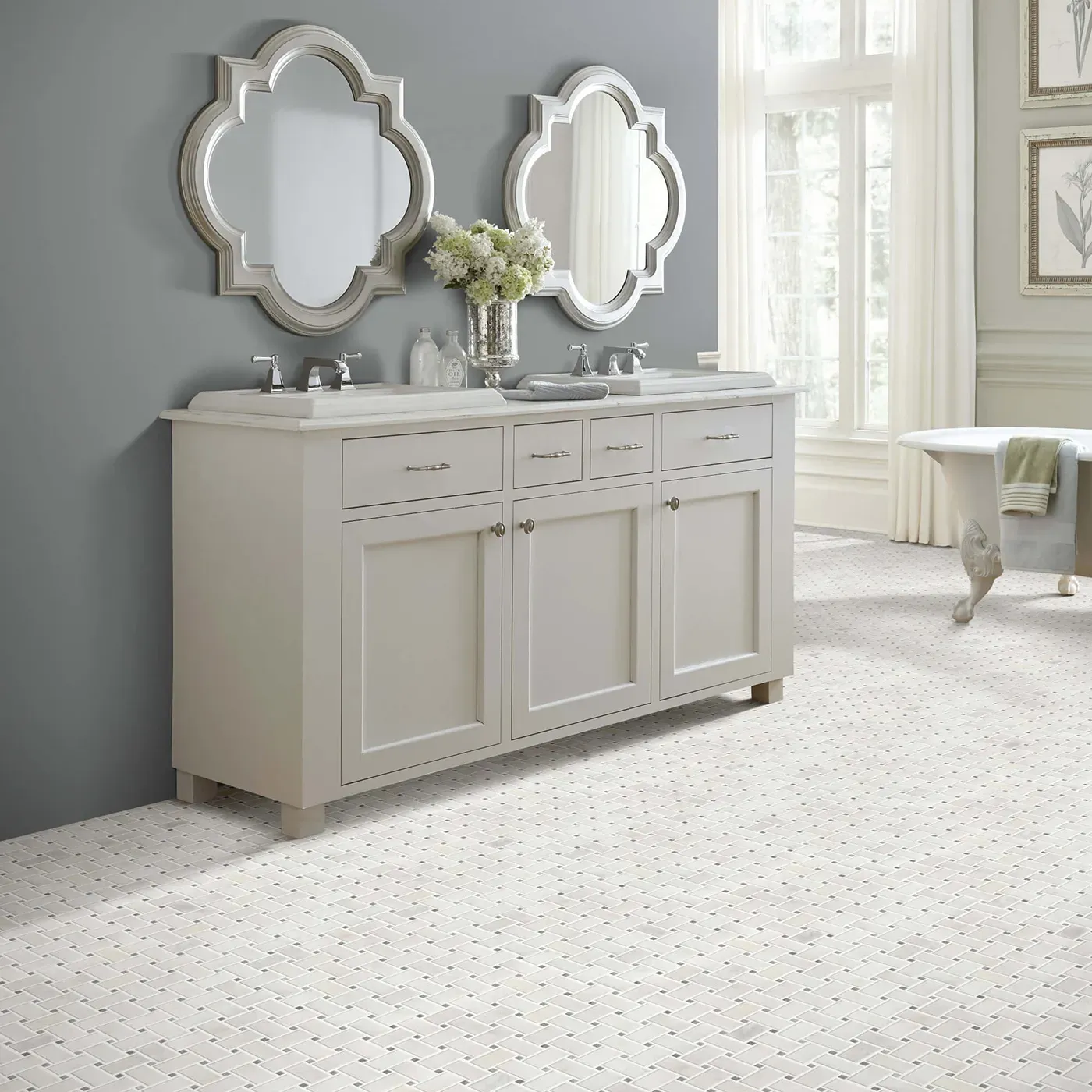 Boca-BasketweavePolishedMos-CS82M-00105-Channel-V Shaw Floors Channel white basket weave mosaic tile in a bathroom | The Carpet Factory Super Store