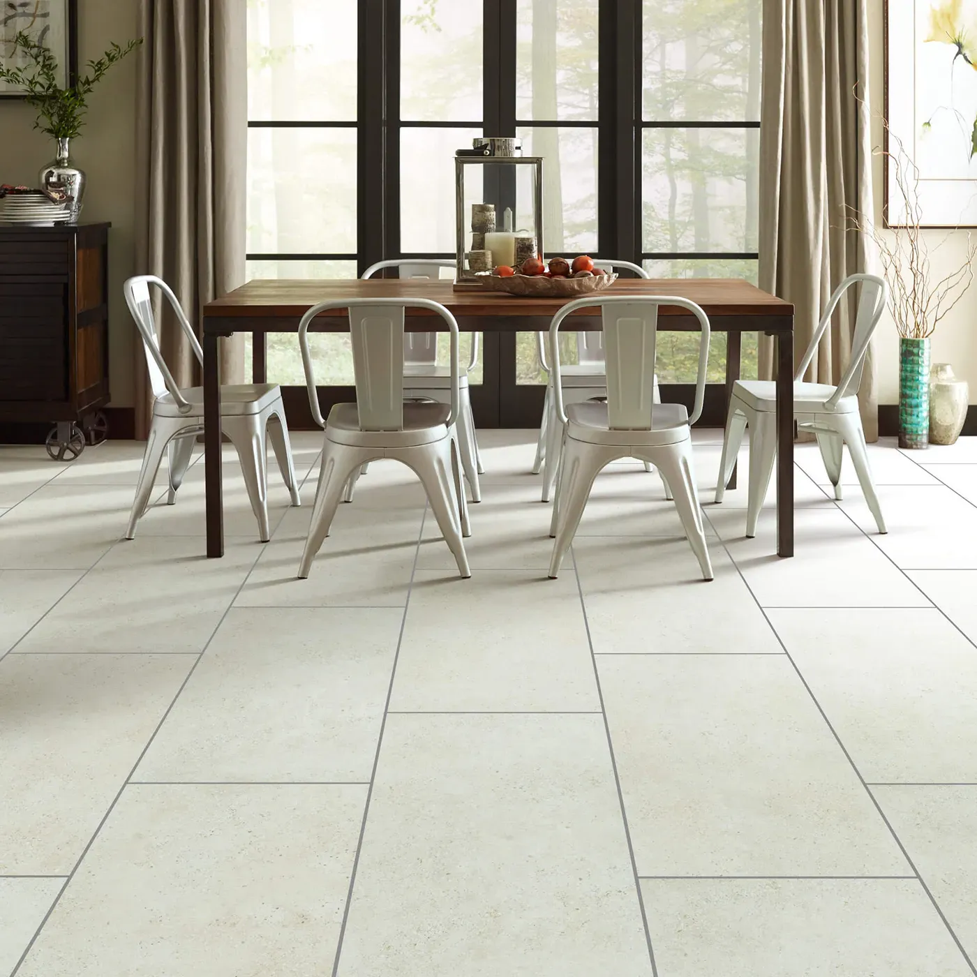 Crete-CS86Q-00100-Avorio-18x36-Sqr Shaw Floors Avorio large rectangular light beige tile in a dining room | The Carpet Factory Super Store