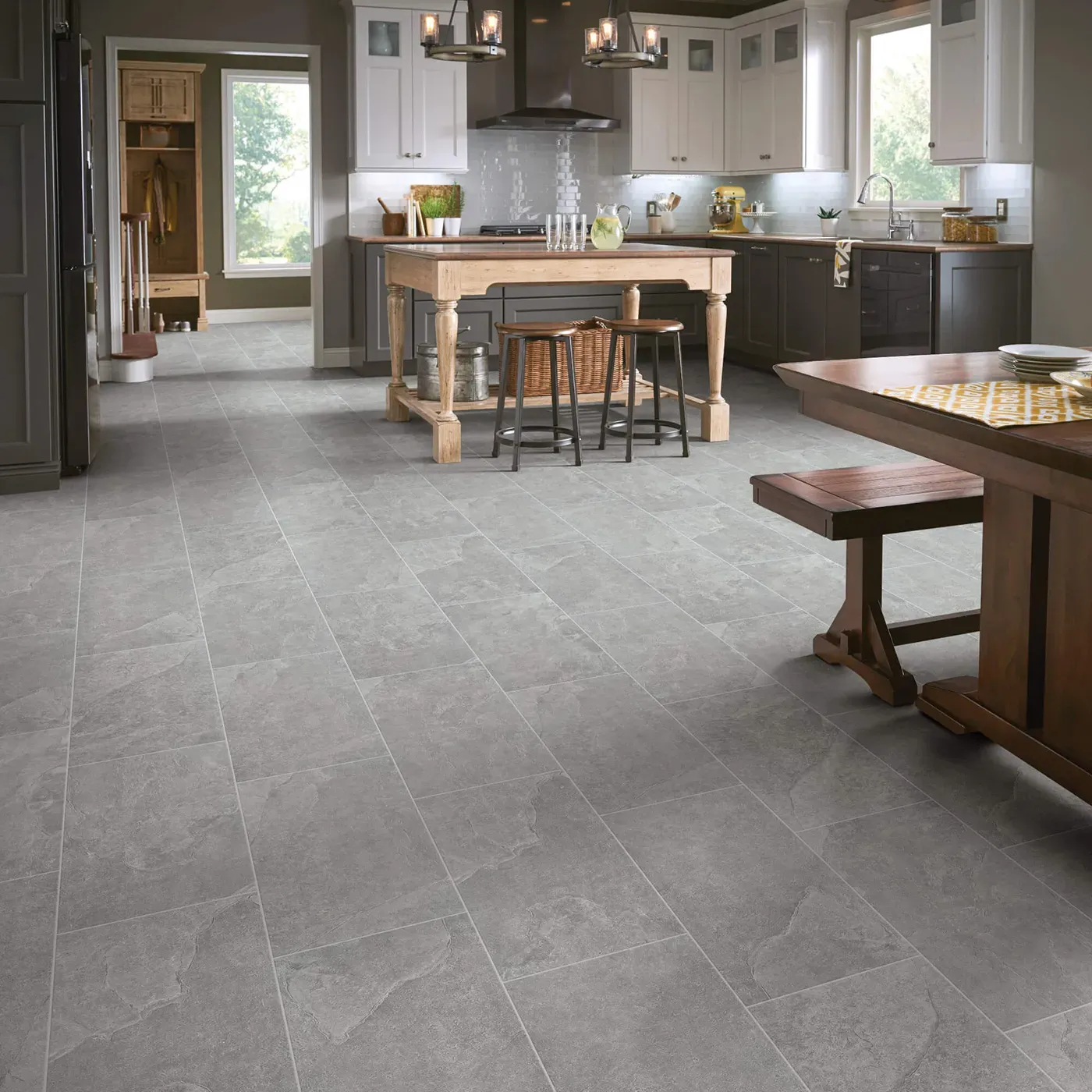 Crown-226TS-00550-Smoke-12x24-8U658-RM-H Shaw Floors Smoke gray large square tile in a kitchen | The Carpet Factory Super Store