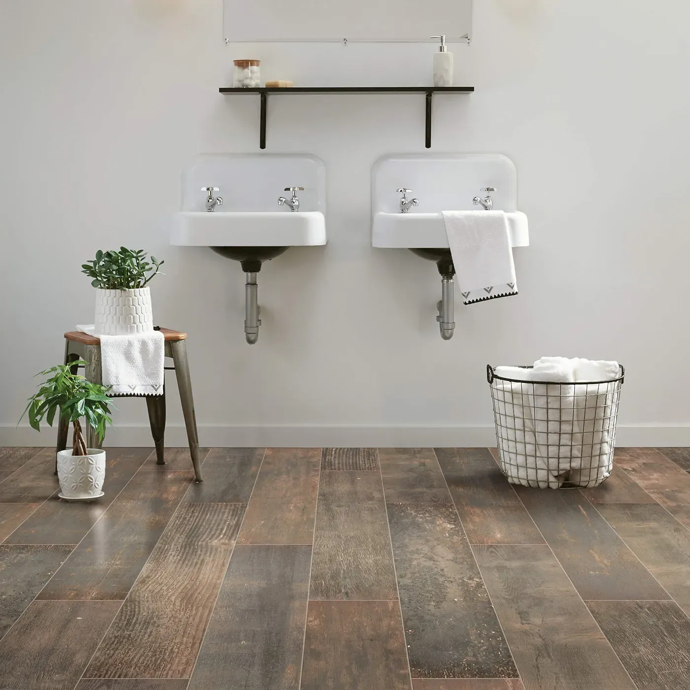 Emberwood-CS69Z-00719-Burned-7x47-8U396-RM-V Shaw Floors tile with a dark, burned wood look, in a bathroom | The Carpet Factory Super Store