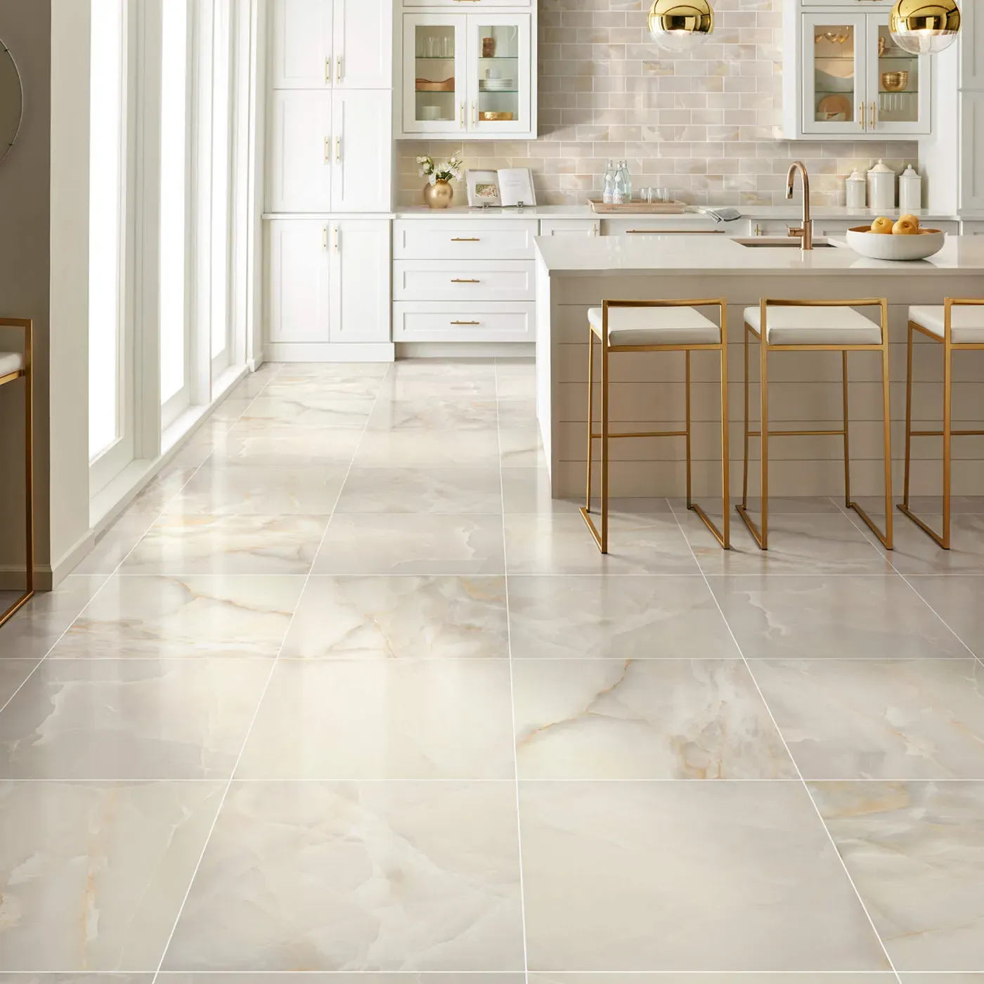 Gemstone-Polished-336TS-00200-Beige-24x24-BrickMosaic-RM-V Shaw Floors Beige polished tile with subtle veining in a white kitchen | The Carpet Factory Super Store