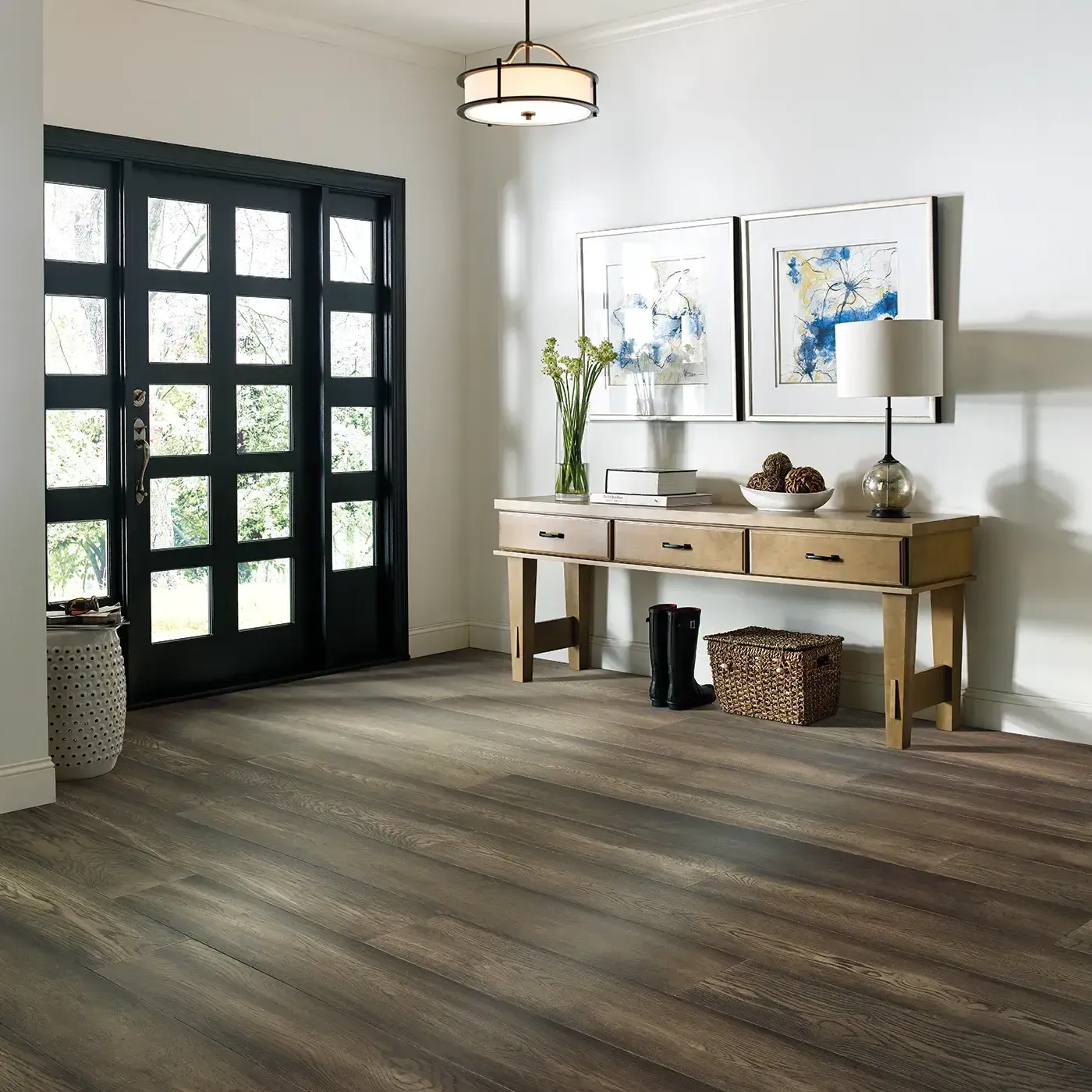 Magnificent-FH821-07057-DakotaHickory-7.5in-8U555-RM Dark brown hardwood in an entryway with a black front door | The Carpet Factory Super Store