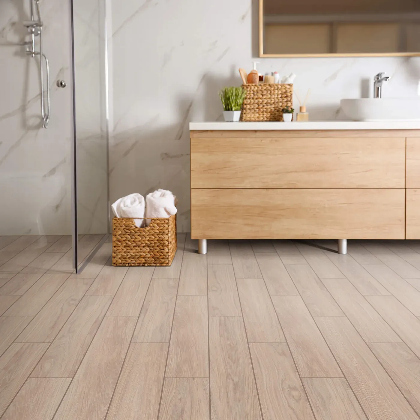 Moonstruck-401TS-00150-Ardor-6x36-RM-H Shaw Floors tile with a light wood look, in a modern bathroom | The Carpet Factory Super Store
