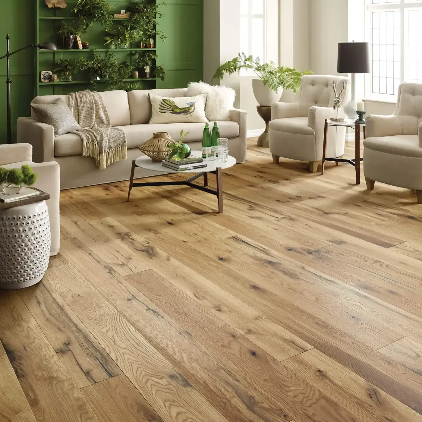 ReflectionsWhiteOak-SW661-01079-Natural-7in-2W765-RM Gray-brown hardwood in a dining room with a dark wood table | The Carpet Factory Super Store