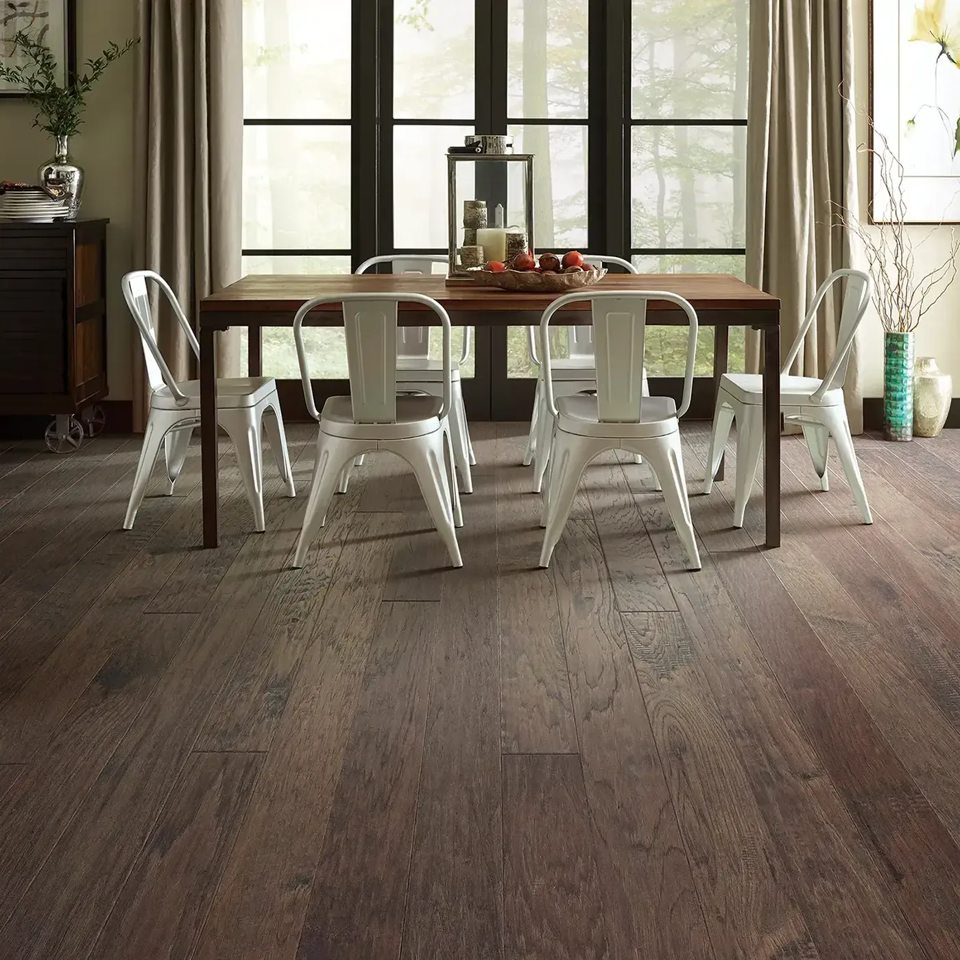 WaywardHickory-HW716-07073-Pumice-5in-RM Hardwood in a dining room | The Carpet Factory Super Store